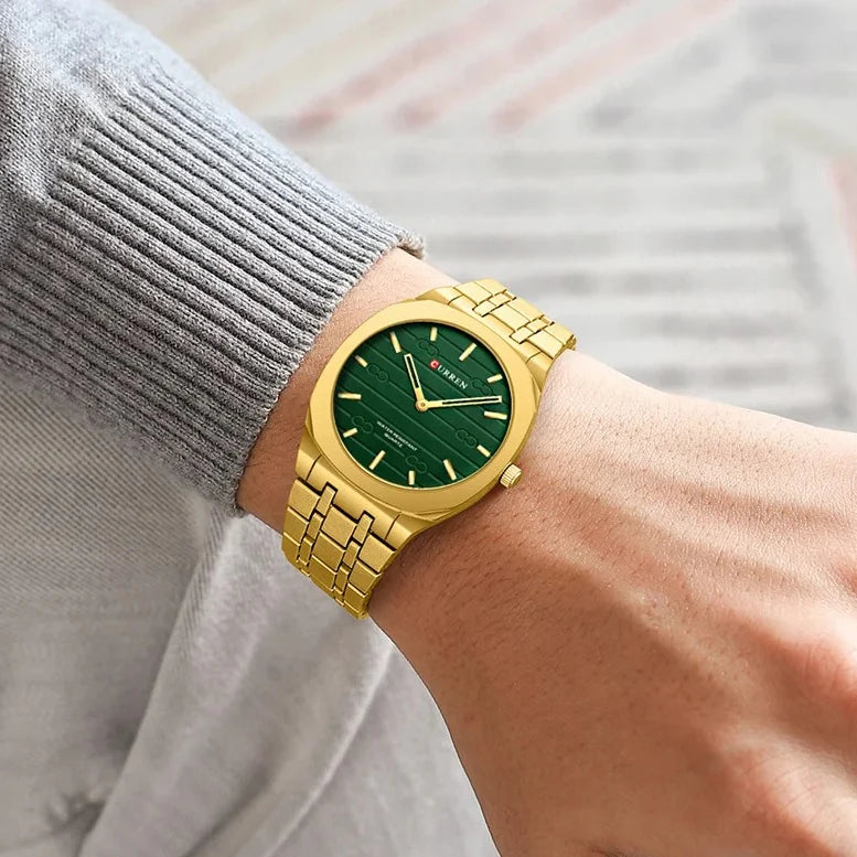 M-8444 Curren GREEN Dial gold Stainless Steel Analog Quartz men's Watch.