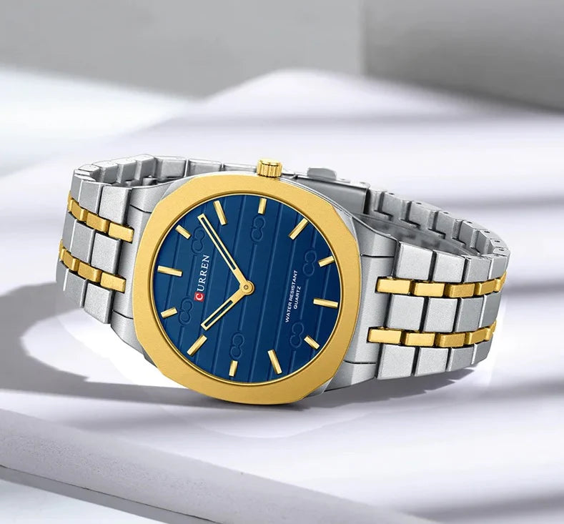 M-8444 Curren BLUE Dial Silver-gold Stainless Steel Analog Quartz men's Watch.